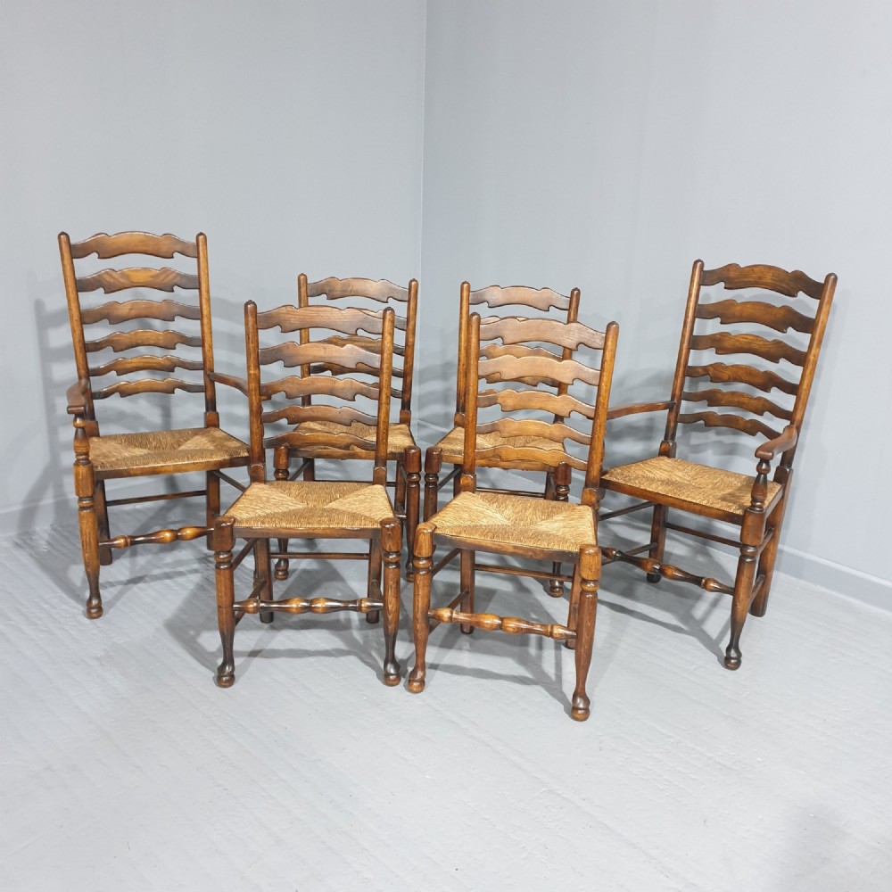Good Set Six Oak Ladder Back Dining Chairs