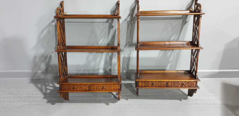 Pair Pierced Mahogany Hanging Wall Shelves View III