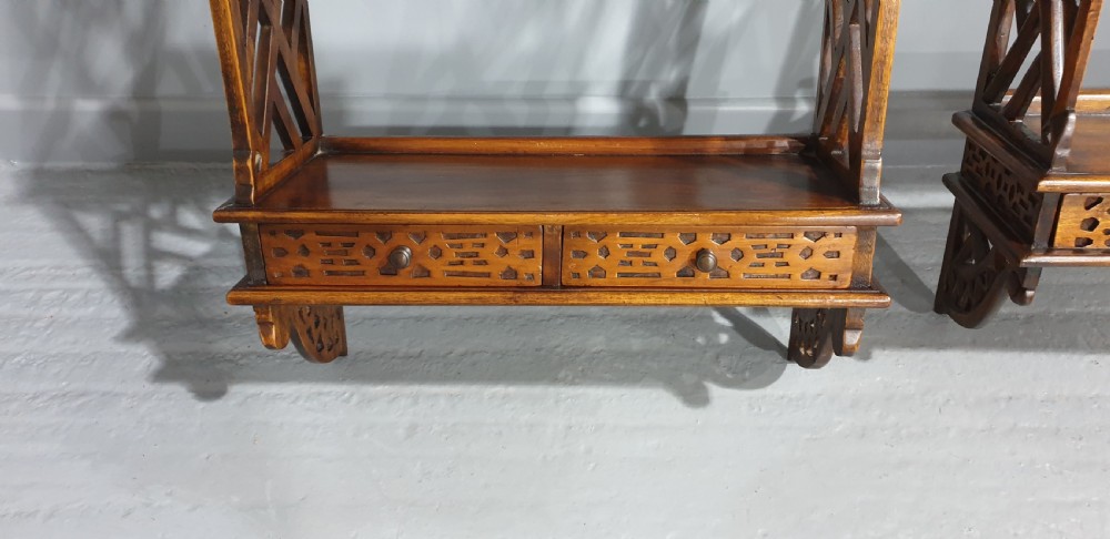 Pair Pierced Mahogany Hanging Wall Shelves View IV
