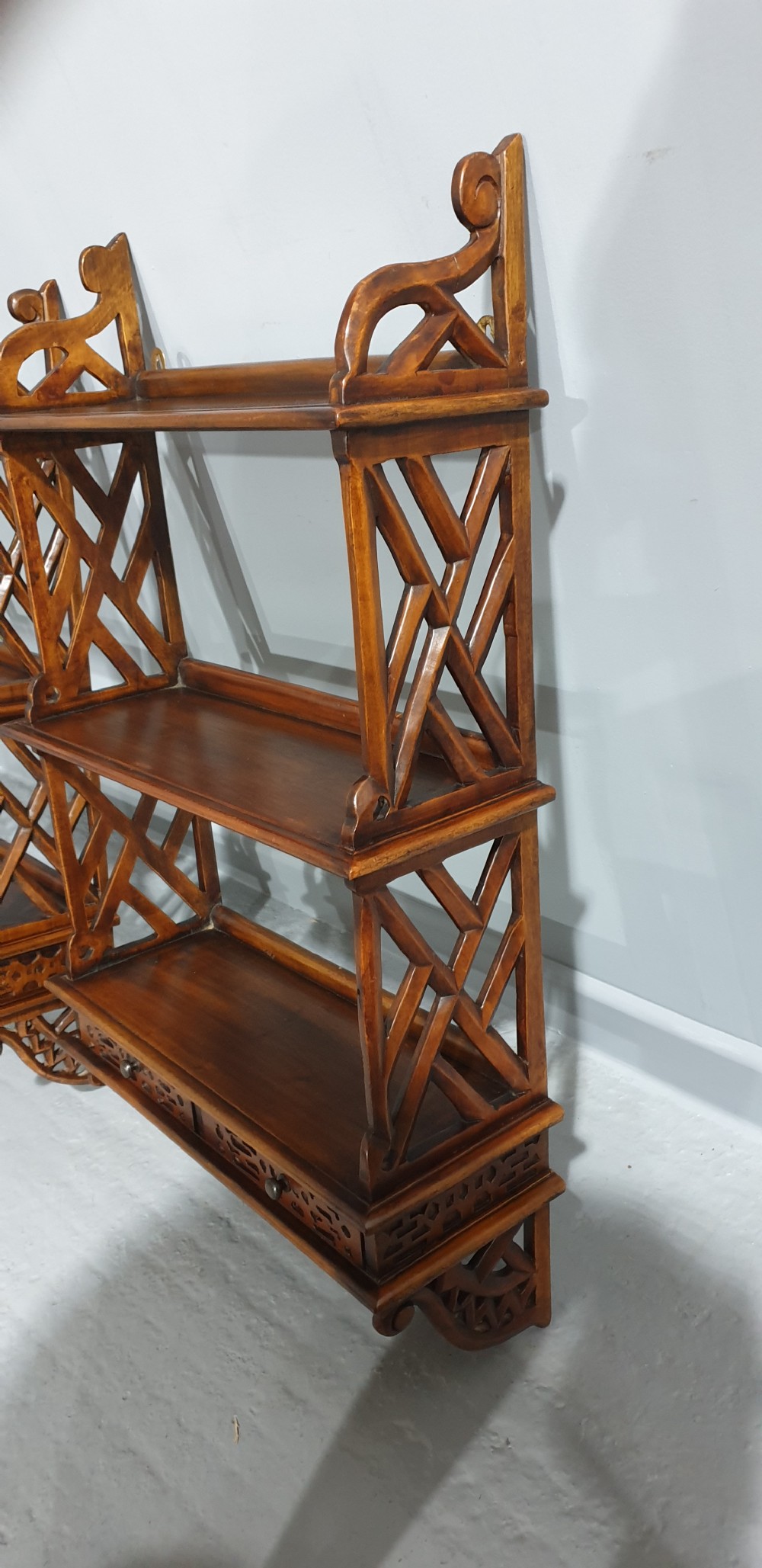 Pair Pierced Mahogany Hanging Wall Shelves View V