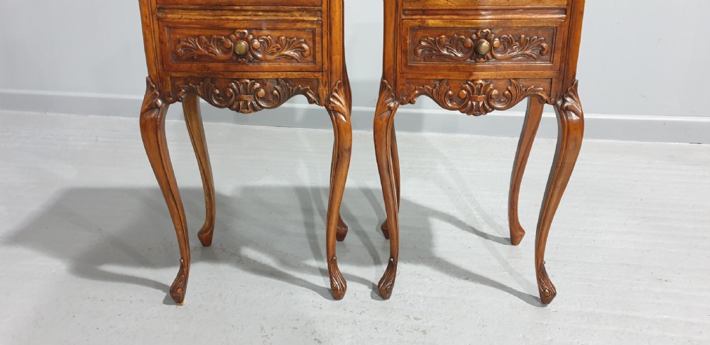 A pair of carved warm brown mahogany bedside tables featuring two drawers each, intricate foliate carvings, curved aprons, and slender cabriole legs. View III