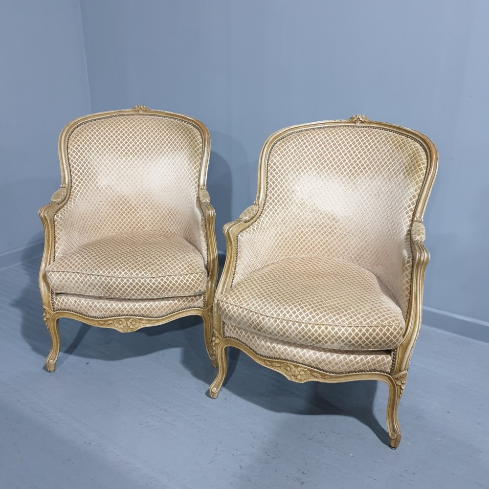 Large Pair French Painted Fauteuil Armchairs