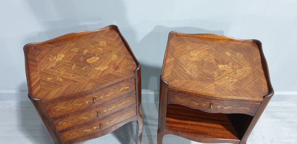 Lovely  Pair French Marquatry Bedside Lamp Chests of Drawers View II