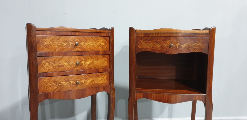 Lovely  Pair French Marquatry Bedside Lamp Chests of Drawers View III