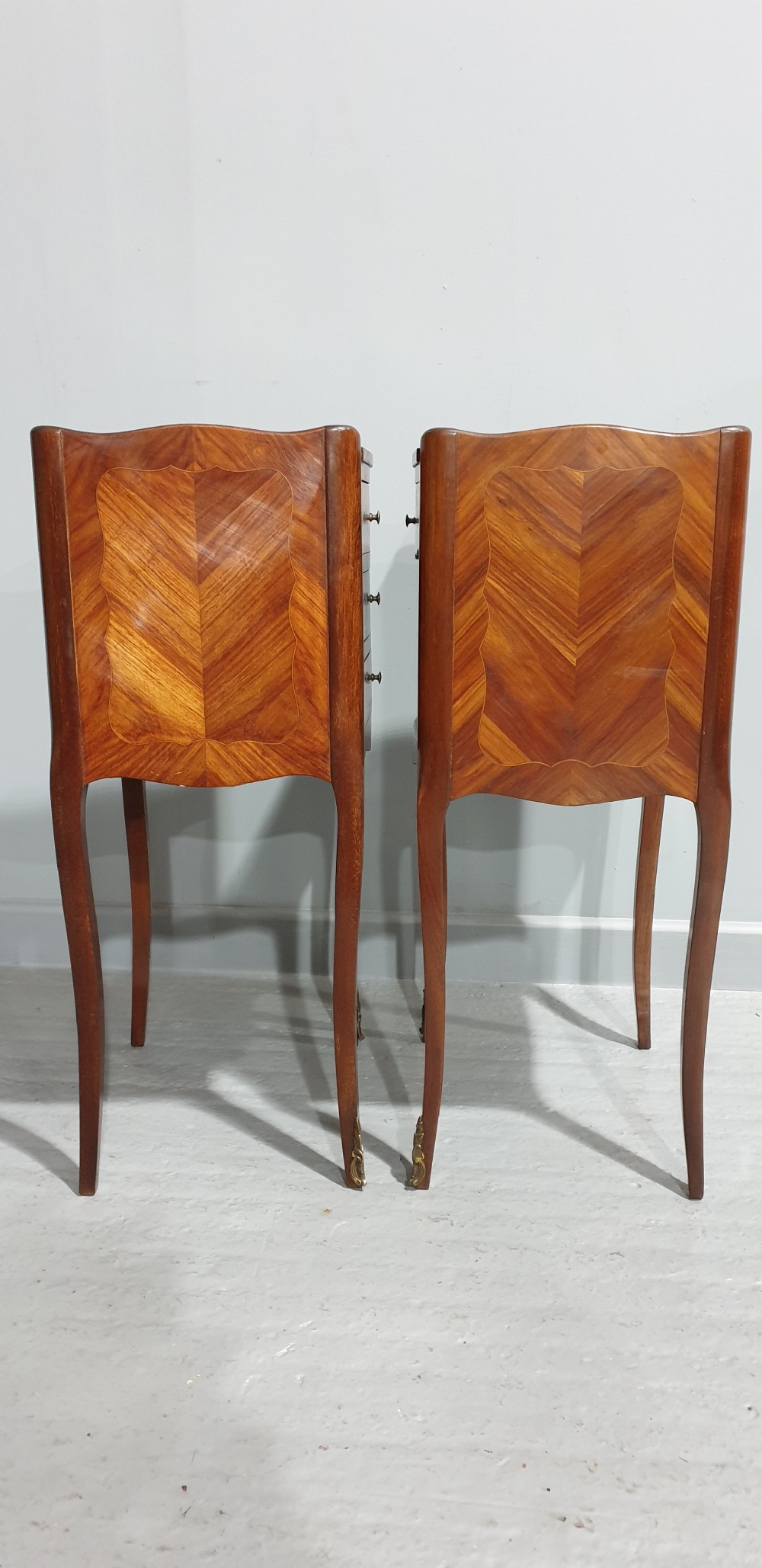 Lovely  Pair French Marquatry Bedside Lamp Chests of Drawers View V