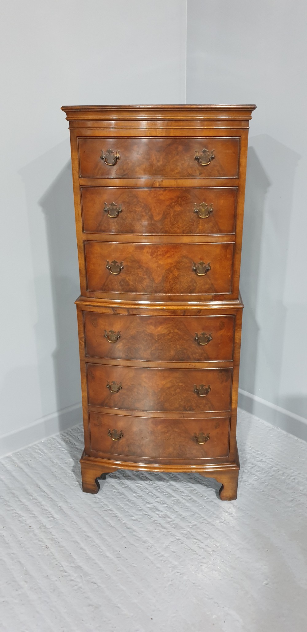 Burr Walnut Chest on Chest of Drawers View II