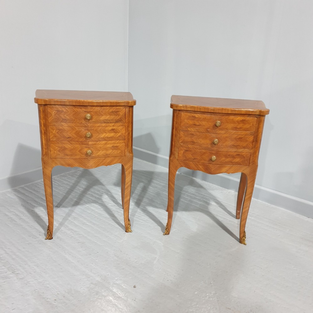 Oversized Pair French Marquetry Bedside Lamp Tables