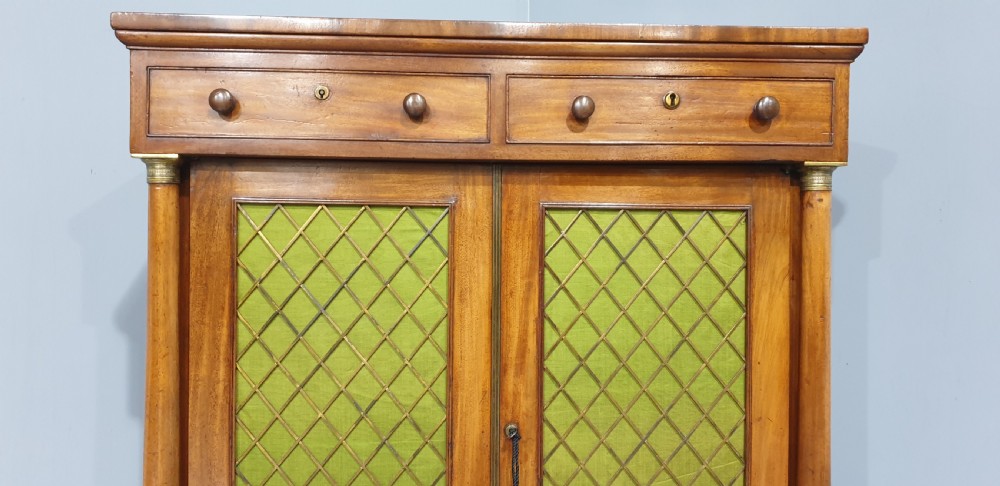 An antique Regency mahogany side cabinet featuring two top drawers over double doors with brass diamond grilles backed by green fabric, flanked by columns. View V