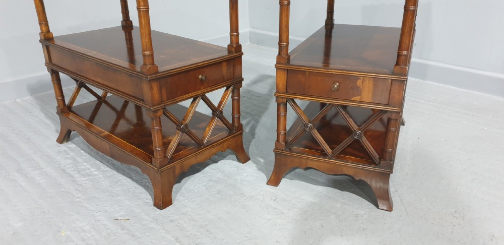 Pair Tray Topped Yew End Lamp Tables View II