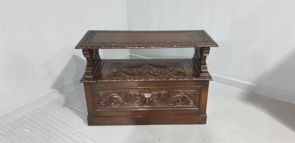 Superb Oak Green Man Monks Bench View X