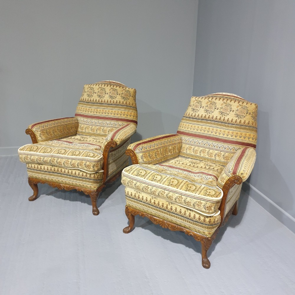 PAIR ENGLISH WALNUT  DEEP SEAT LIBRARY ARMCHAIRS