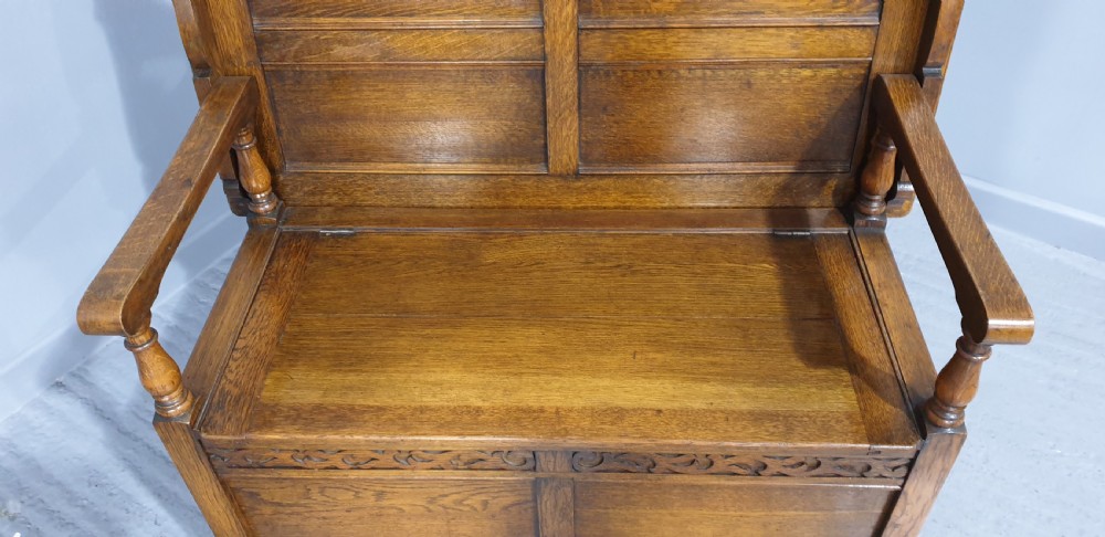 Oak Panelled Monks Bench View IV