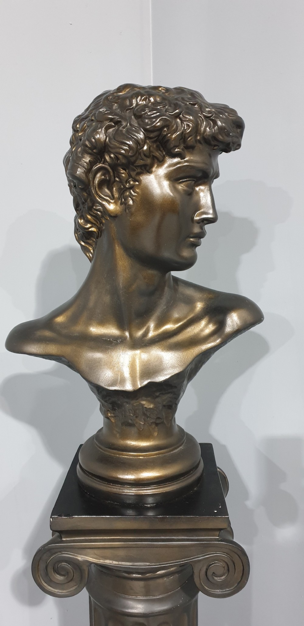 A bronze-patinated plaster bust depicting Michelangelos David mounted on a matching fluted Ionic column pedestal. View IV