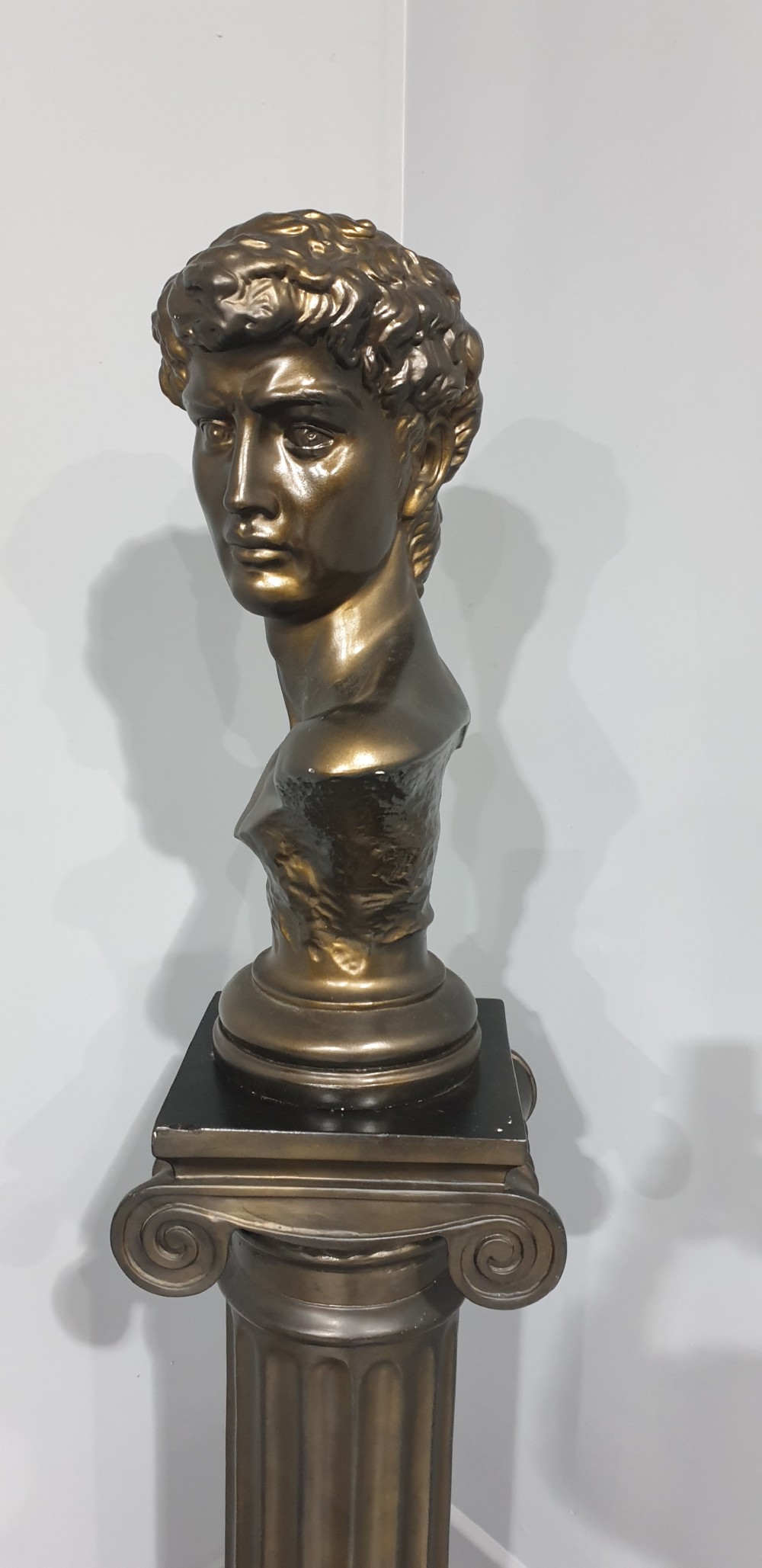 A bronze-patinated plaster bust depicting Michelangelos David mounted on a matching fluted Ionic column pedestal. View VII