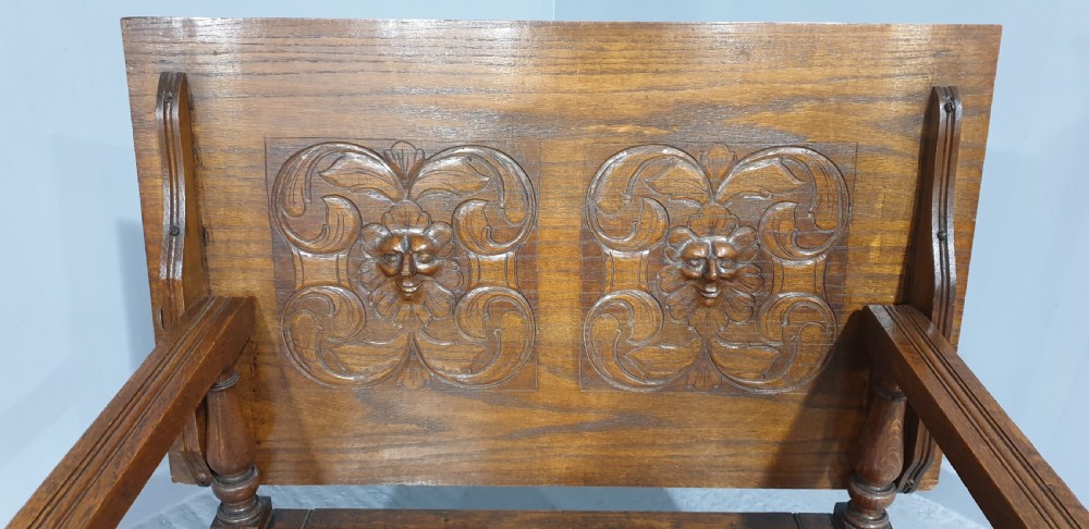 Very Nice  Green Man Carved Monks Bench of small proportions View II