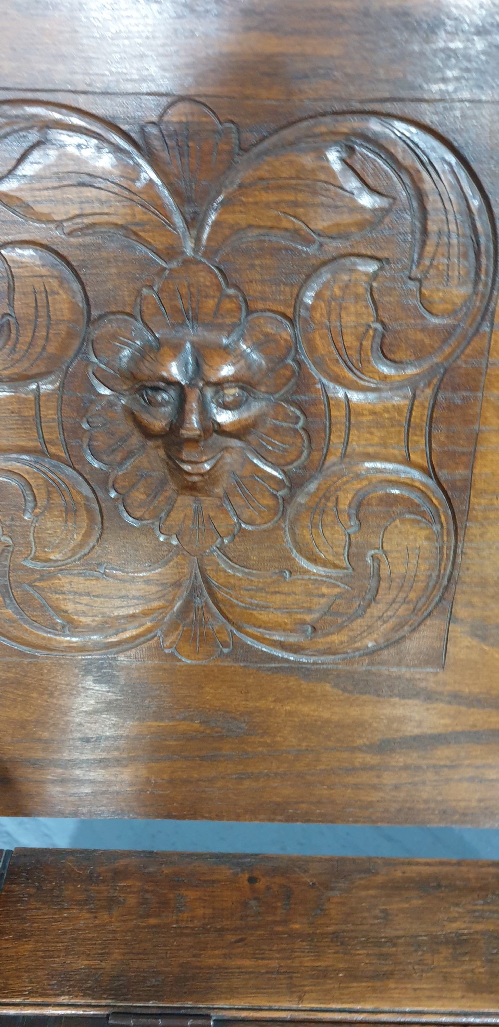 Very Nice  Green Man Carved Monks Bench of small proportions View III