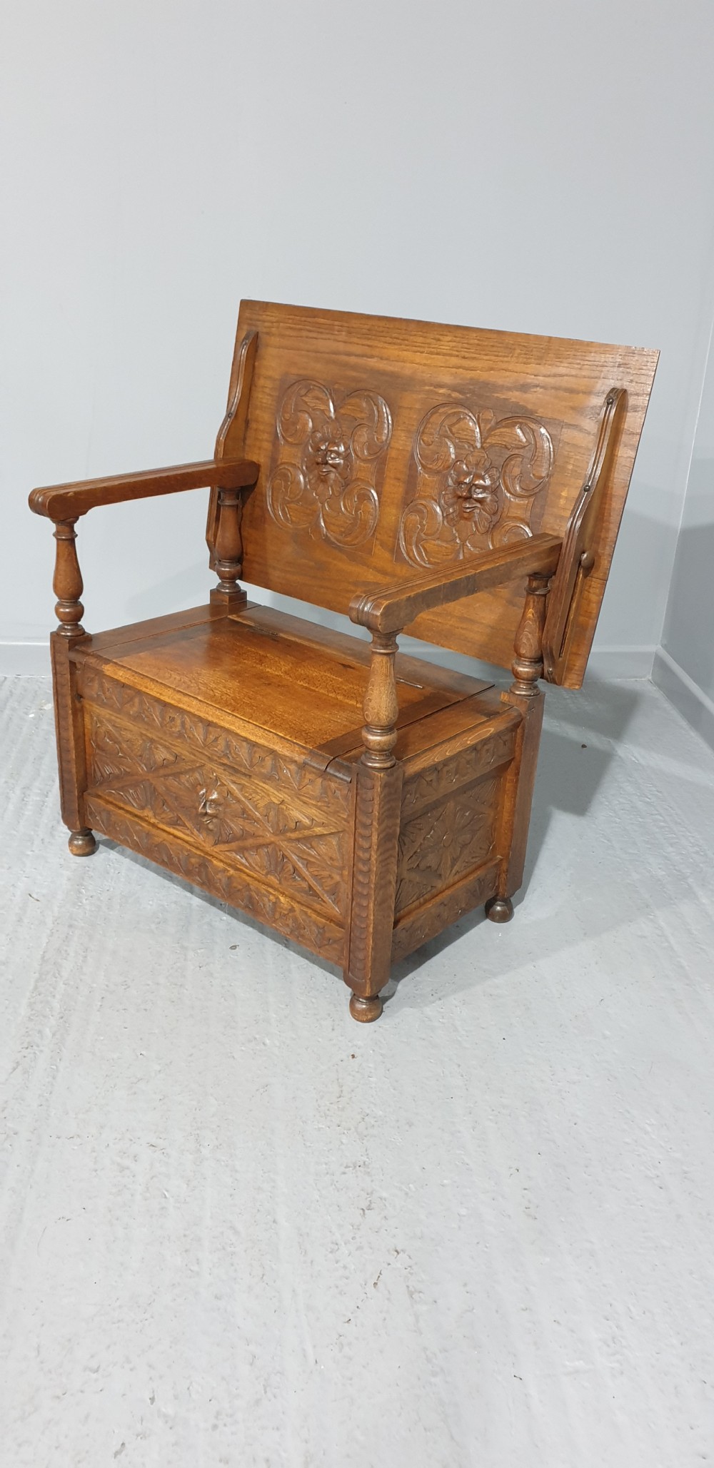 Very Nice  Green Man Carved Monks Bench of small proportions View VI