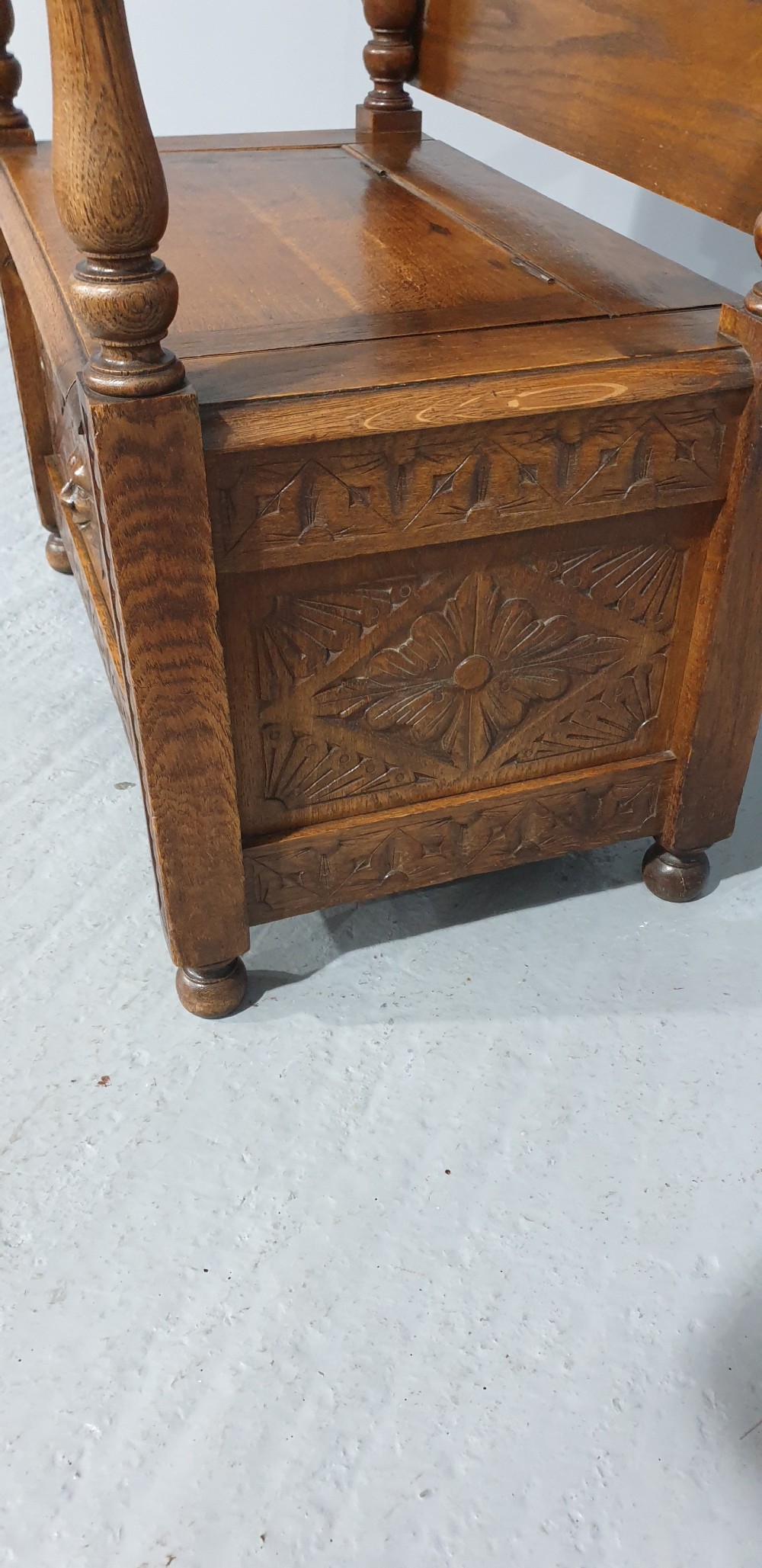 Very Nice  Green Man Carved Monks Bench of small proportions View VII