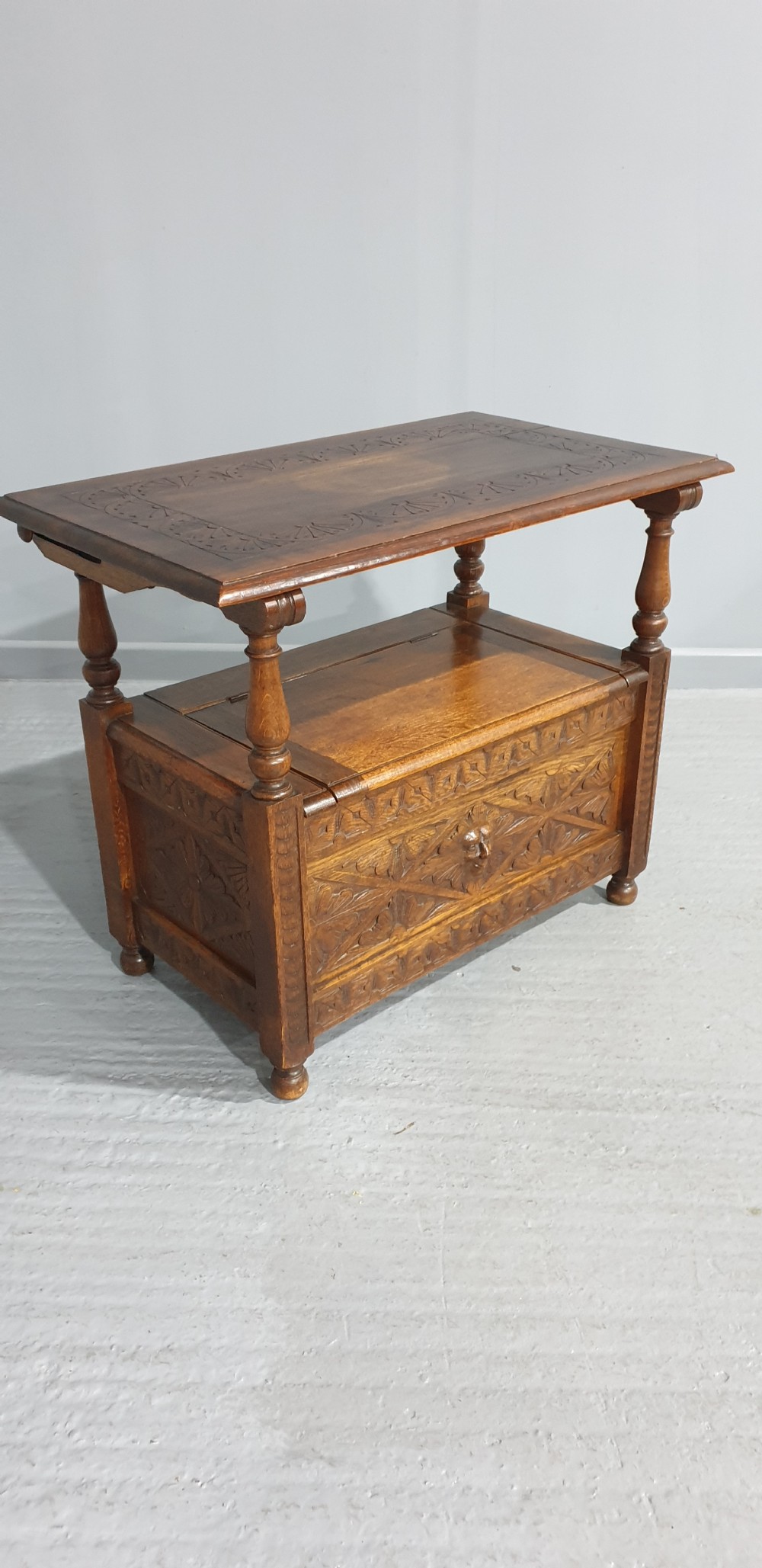 Very Nice  Green Man Carved Monks Bench of small proportions View X