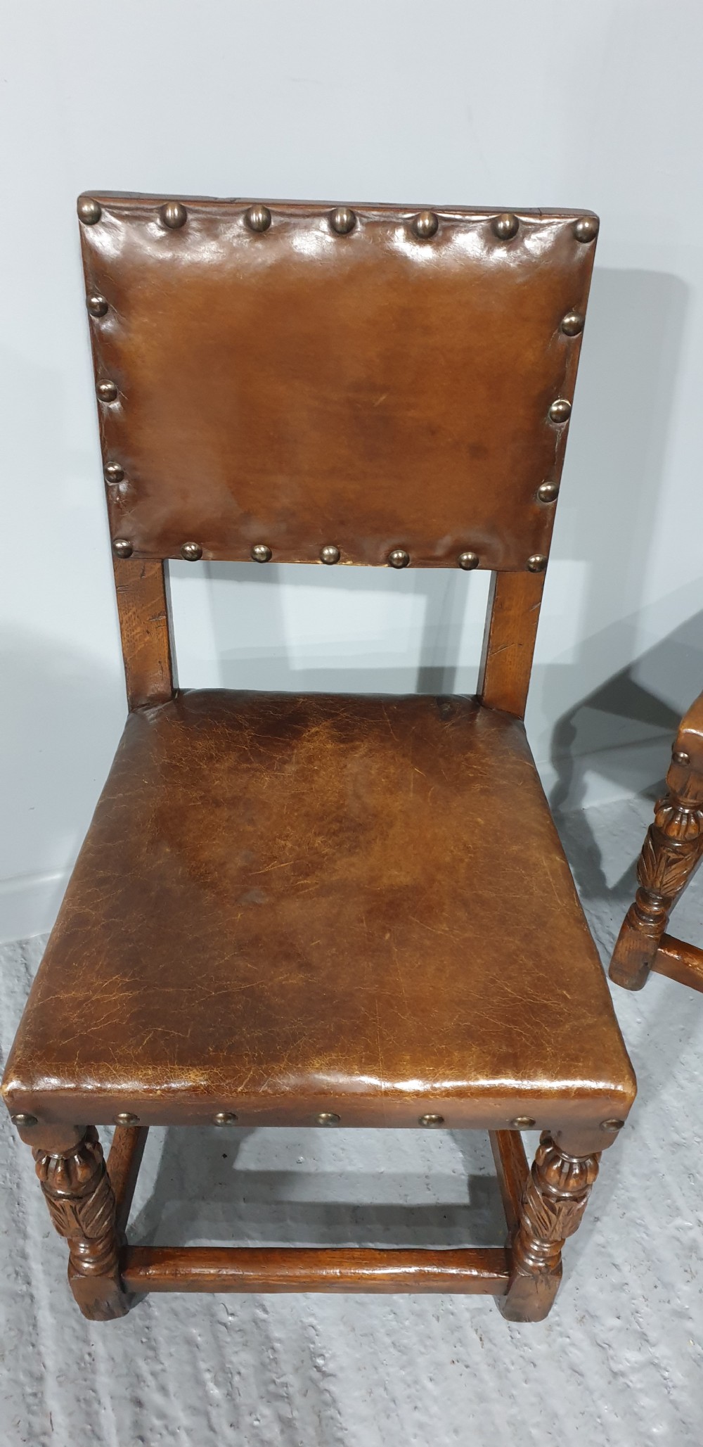 Fine Set of Eight Oak and Leather Dining Chairs View V