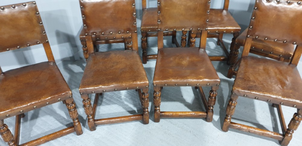 Fine Set of Eight Oak and Leather Dining Chairs View IX