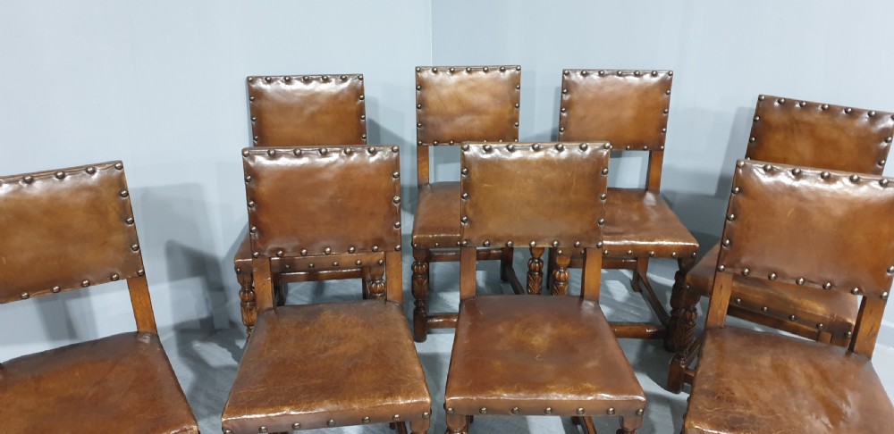 Fine Set of Eight Oak and Leather Dining Chairs View X