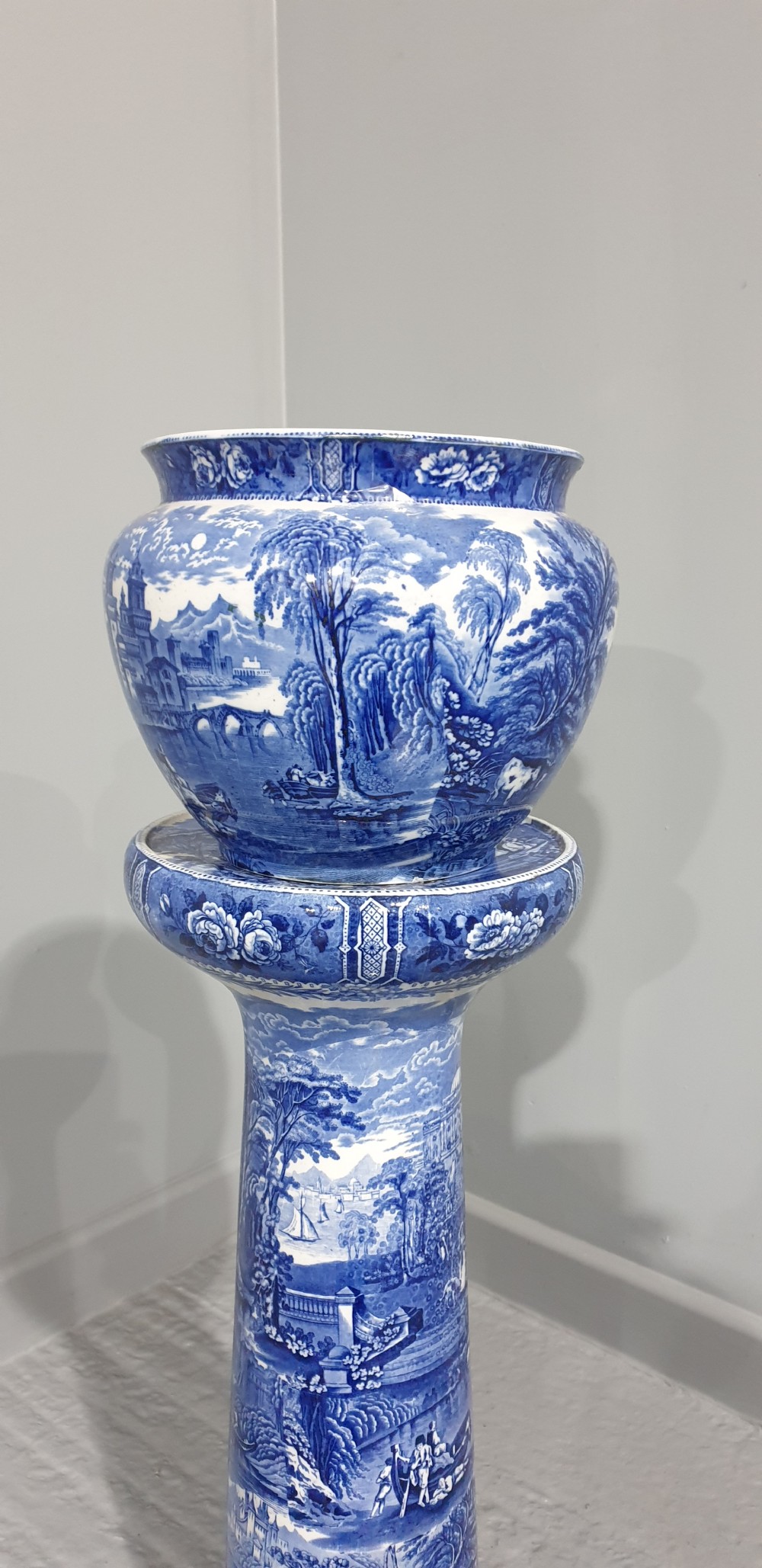 Superb Cauldon Blue and White Jardinere on Stand View III