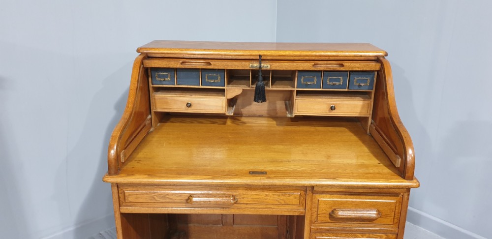Golden Oak Roll Top Bureau View V