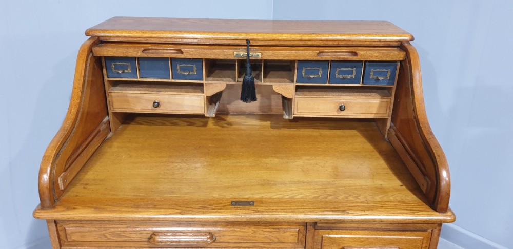 Golden Oak Roll Top Bureau View VI