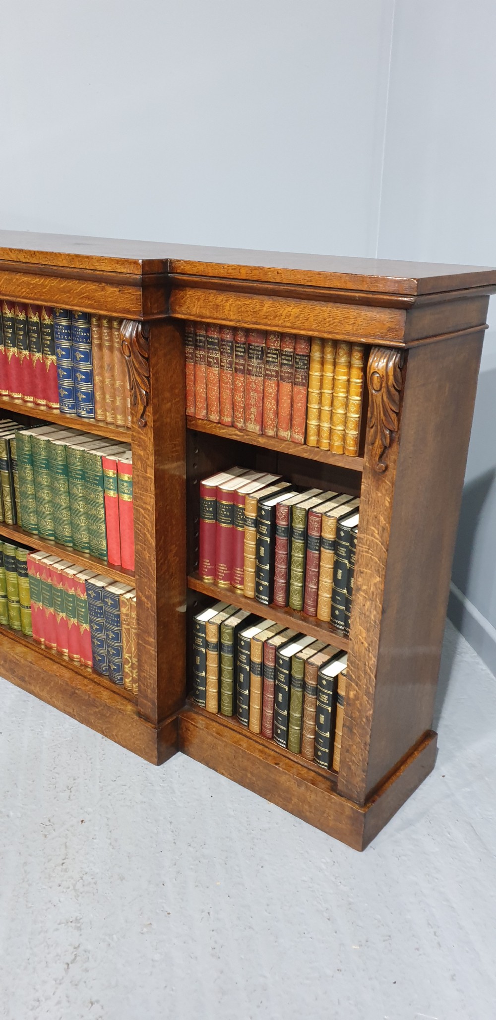 Victorian Oak Breakfront Open Adjustable Library bookcase View VII