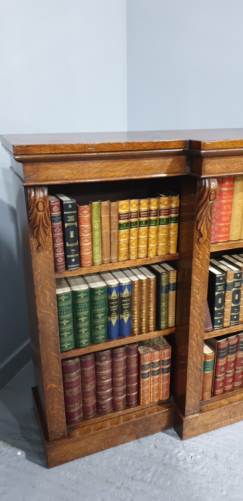 Victorian Oak Breakfront Open Adjustable Library bookcase View IX