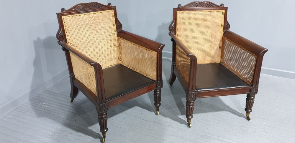 Pair Regency Bergere Library Chairs Attributed to 'Gillows' View V