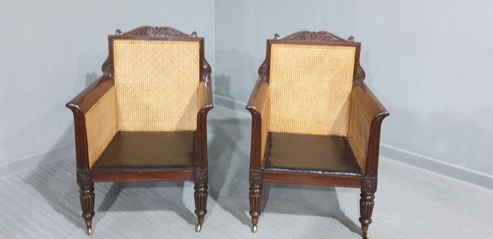 Pair Regency Bergere Library Chairs Attributed to 'Gillows' View VII