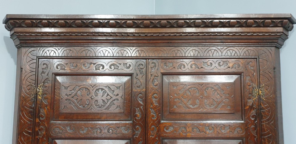 A tall dark oak standing corner cabinet featuring relief-carved panelled doors, a decorative upper frieze, and brass H-hinges. View III