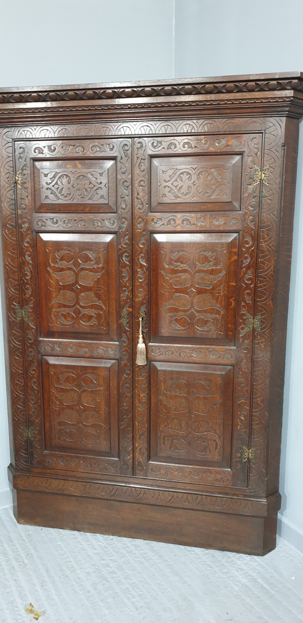 A tall dark oak standing corner cabinet featuring relief-carved panelled doors, a decorative upper frieze, and brass H-hinges. View V