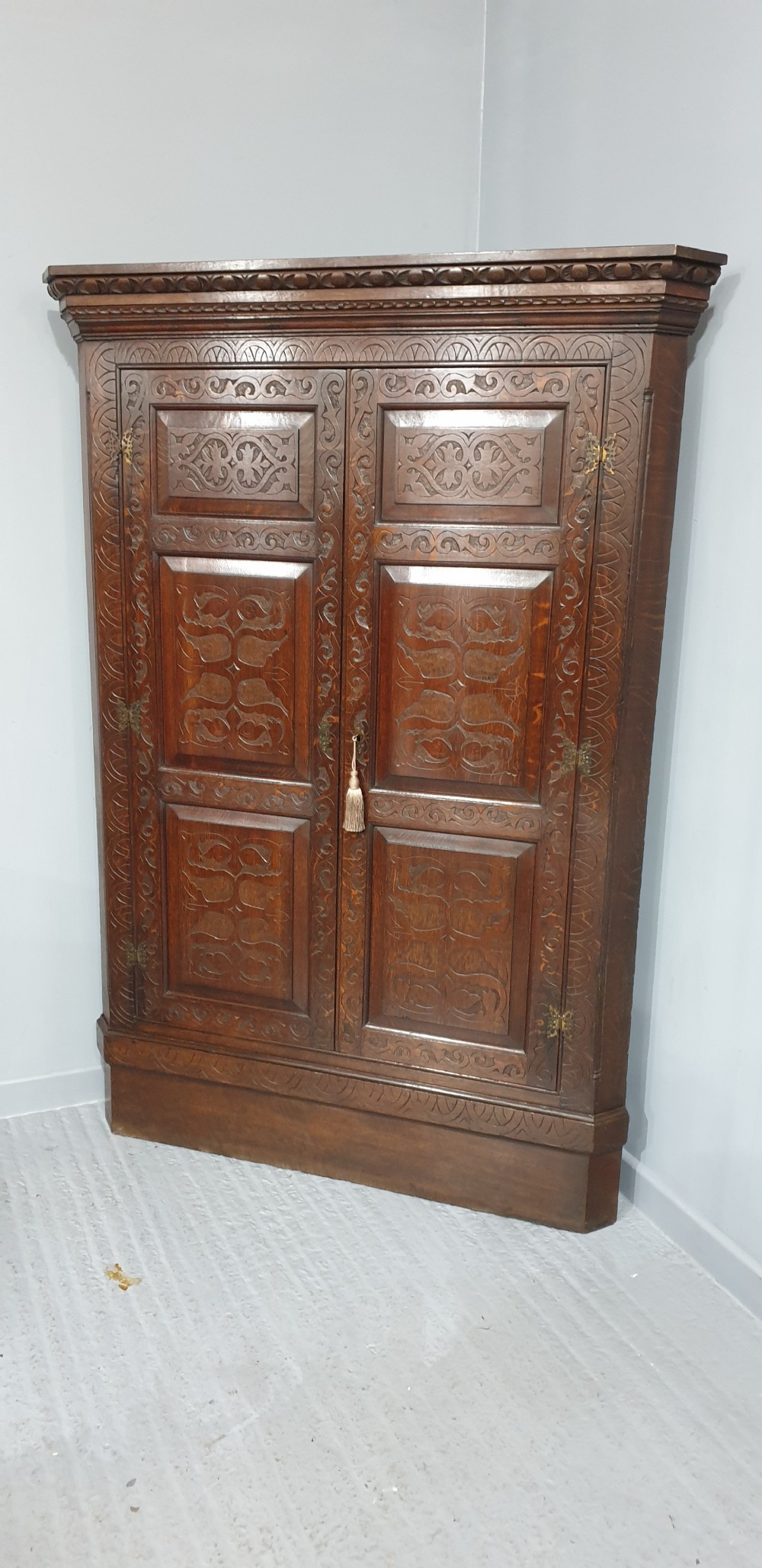A tall dark oak standing corner cabinet featuring relief-carved panelled doors, a decorative upper frieze, and brass H-hinges. View VI