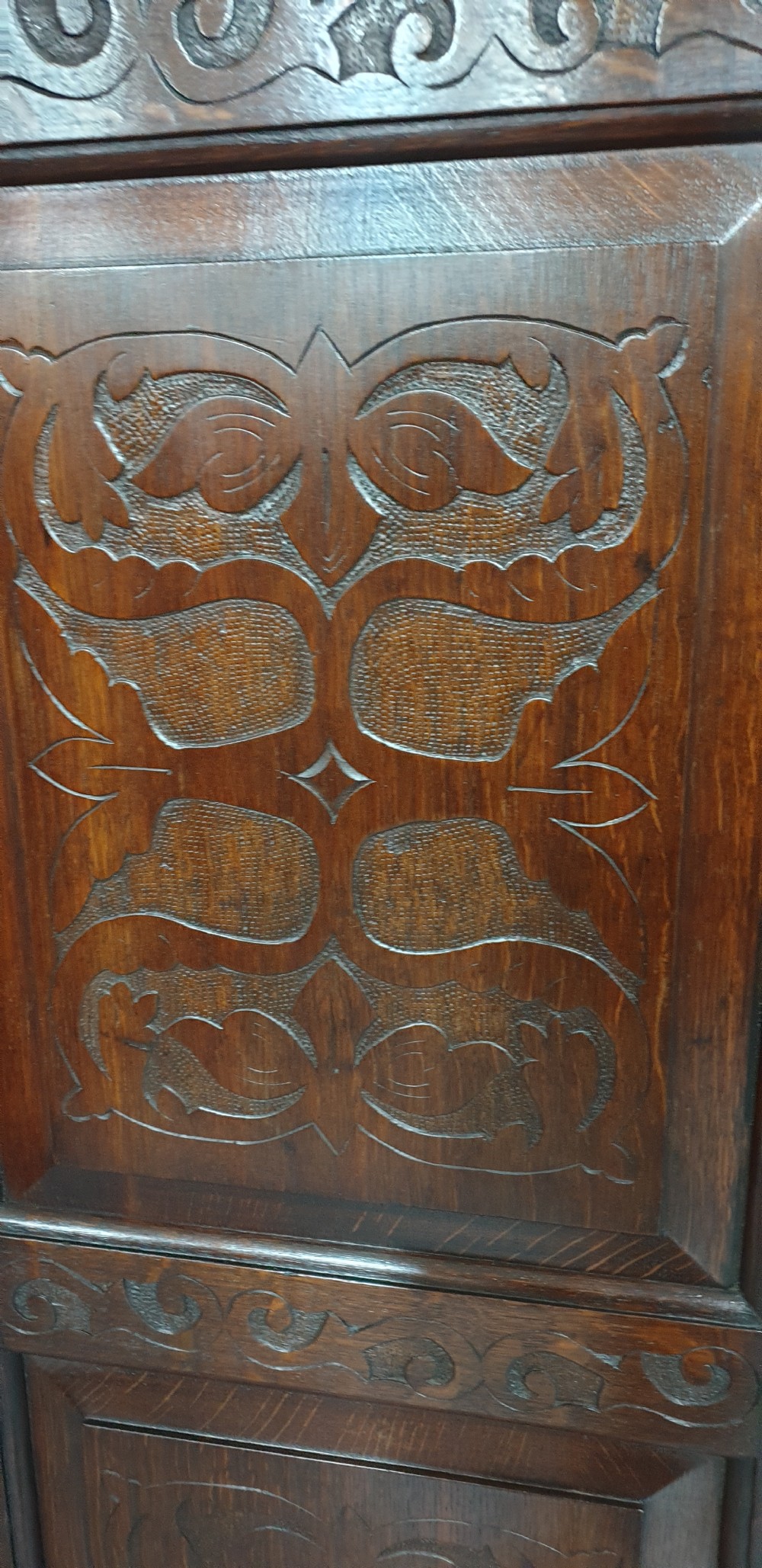A tall dark oak standing corner cabinet featuring relief-carved panelled doors, a decorative upper frieze, and brass H-hinges. View VII