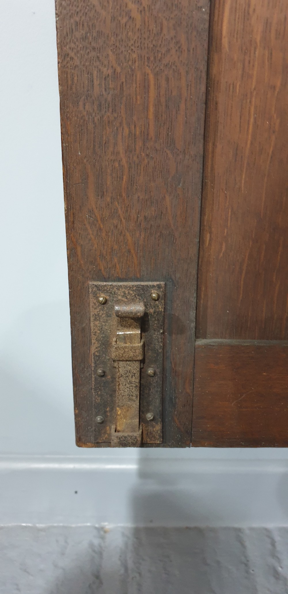 A tall dark oak standing corner cabinet featuring relief-carved panelled doors, a decorative upper frieze, and brass H-hinges. View IX