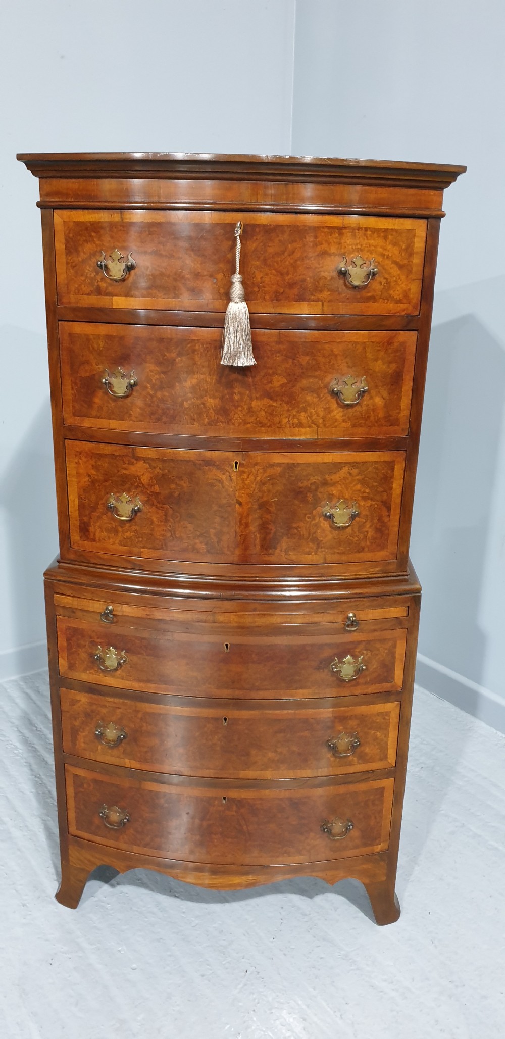 Burr Walnut Chest on Chest of Six Drawers View III