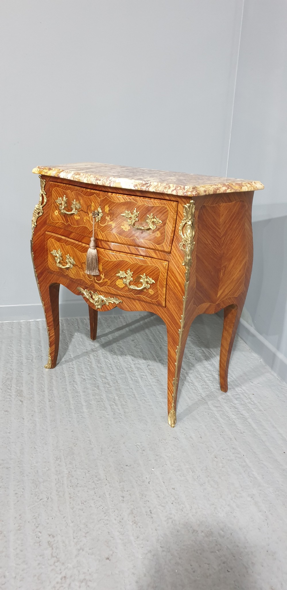 French Marquetry Bombe Shaped Commode Chest of Drawers View II