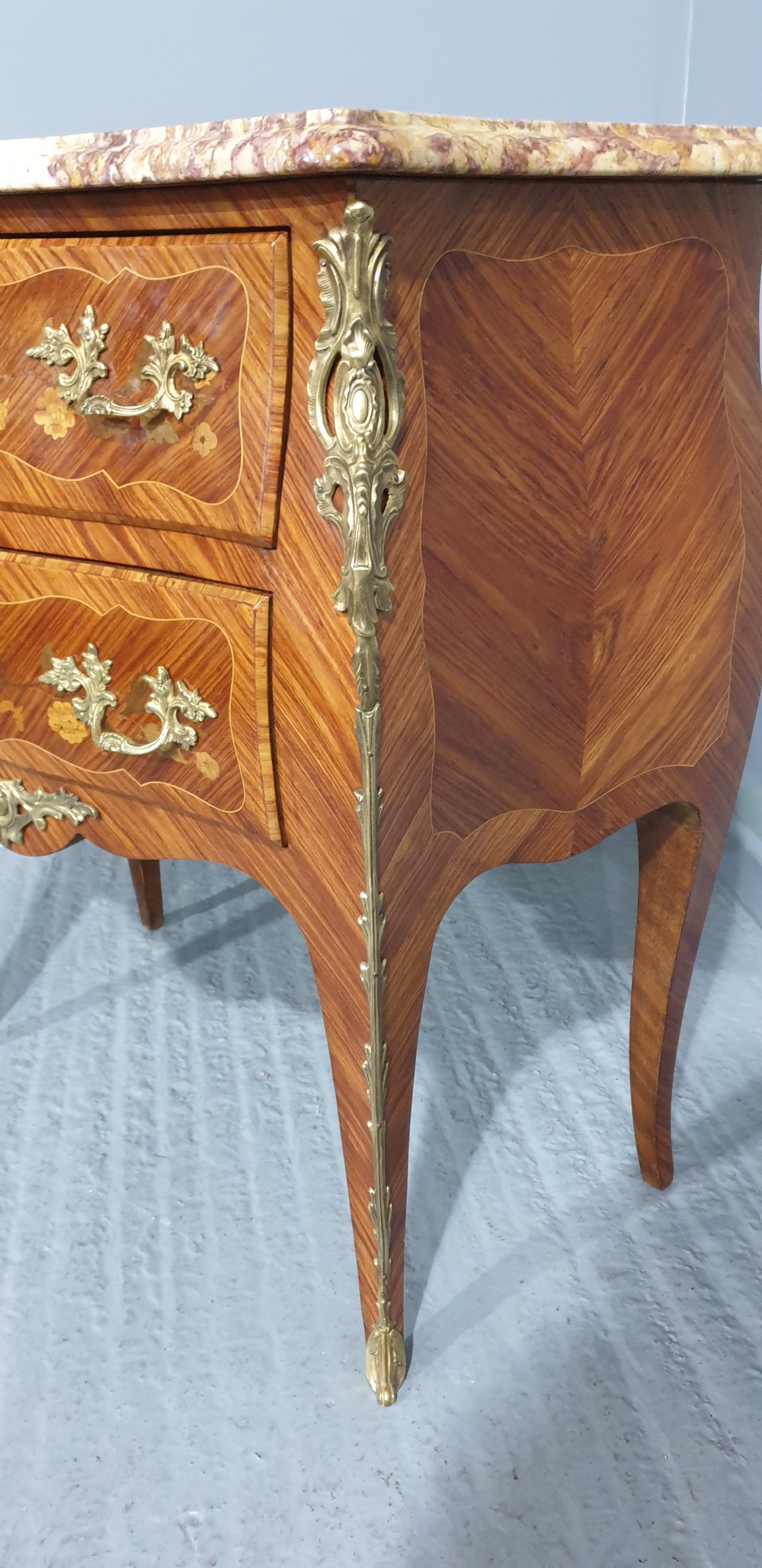 French Marquetry Bombe Shaped Commode Chest of Drawers View III