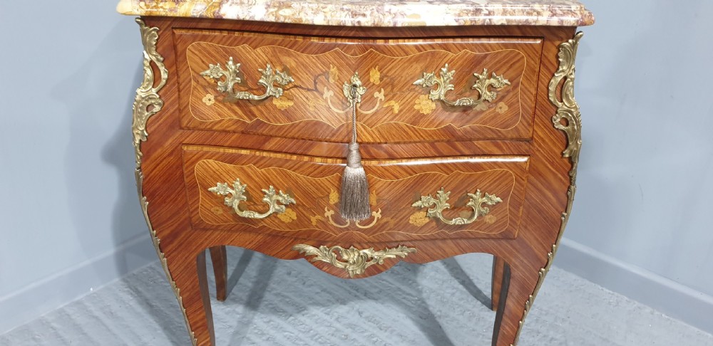 French Marquetry Bombe Shaped Commode Chest of Drawers View IV