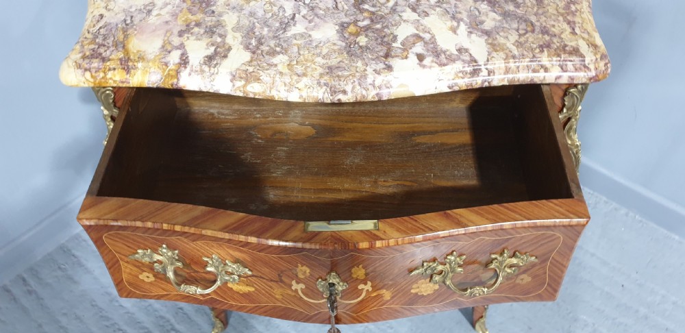 French Marquetry Bombe Shaped Commode Chest of Drawers View VII