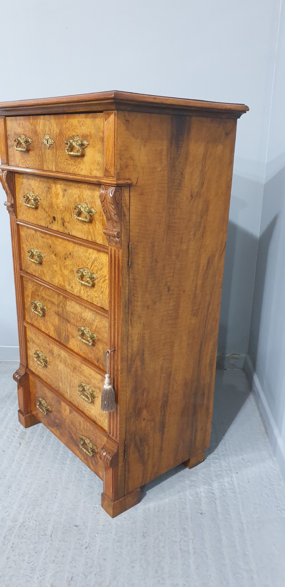 Wonderful Burr Walnut Wellington Chest of Drawers View III