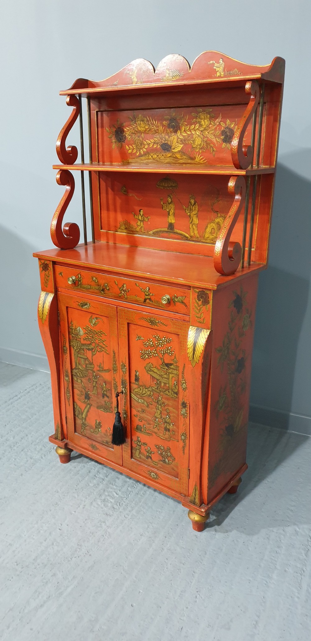 Superb Red Laquered Chinoiserie Regency Cabinet View VII