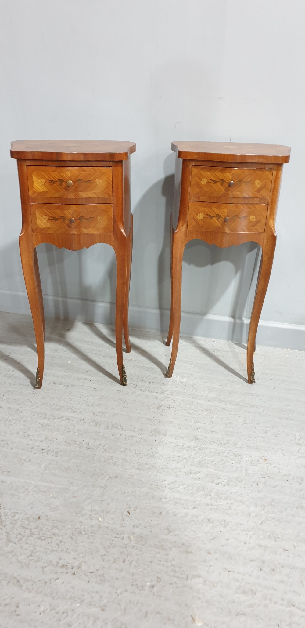 Pair French Marquetry  Bedside Lamp Tables View II
