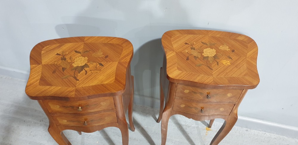 Pair French Marquetry  Bedside Lamp Tables View V