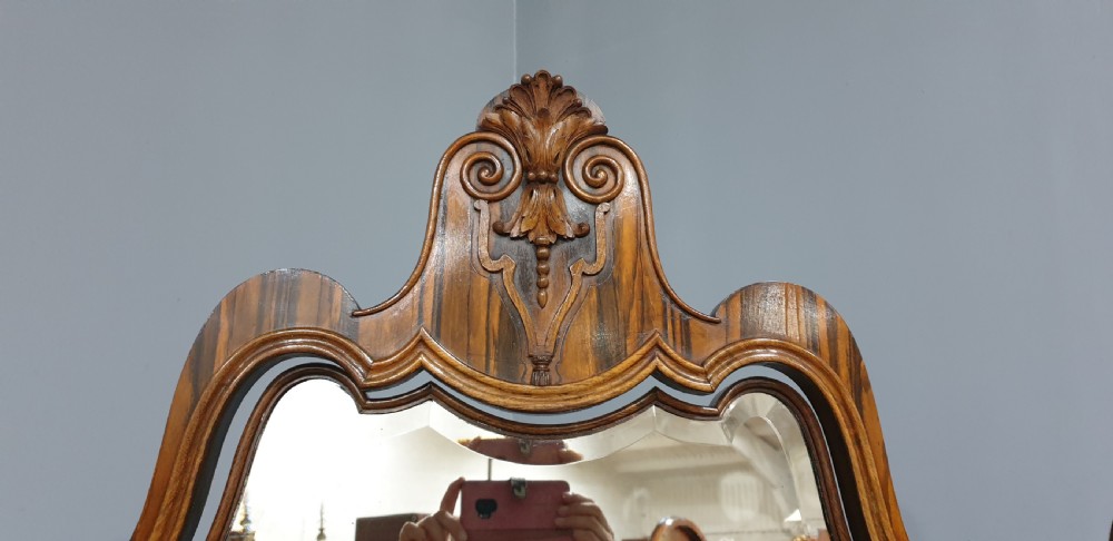 An Edwardian wooden dressing table featuring herringbone parquetry veneers, five drawers, carved legs with a curved stretcher, and an adjustable triple mirror. View V