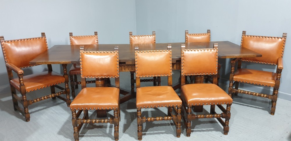 Superb Oak Refrectory Dining Table and Eight Chairs