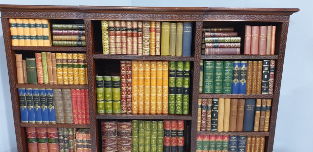 A low, wide mahogany breakfront open bookcase featuring three sections of adjustable shelves with carved fretwork detail along the top edge. View VIII